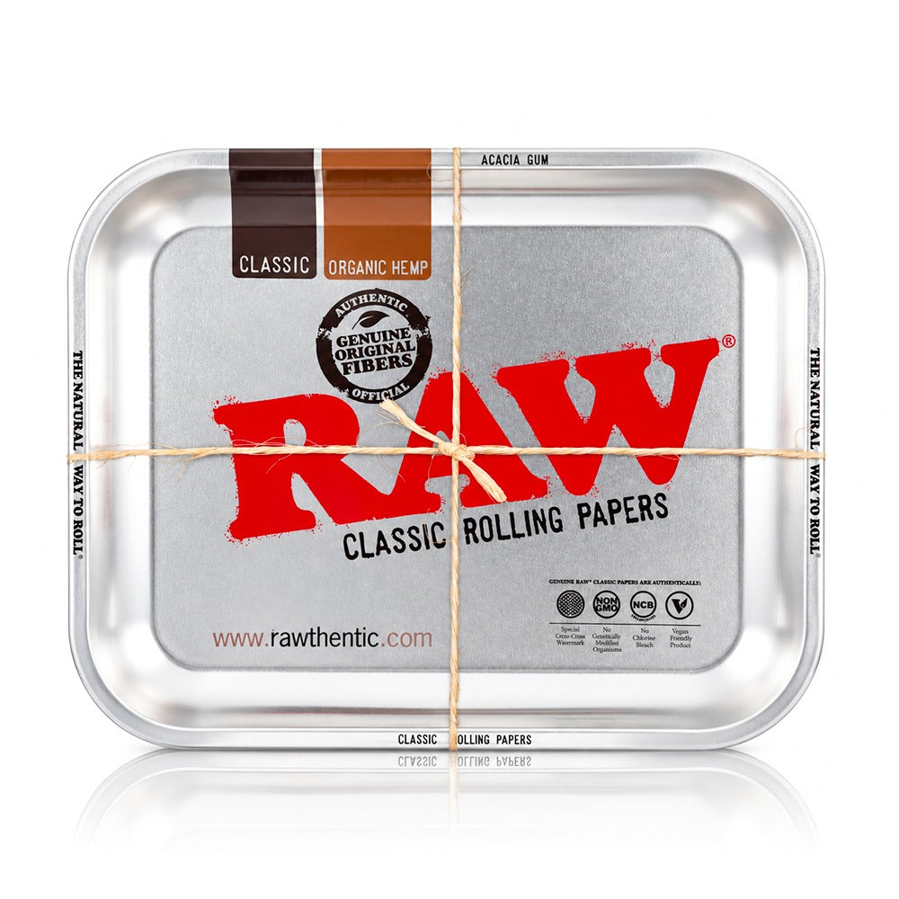 RAW Metallic large metal rolling tray in brushed silver, front view | Bong Warehouse