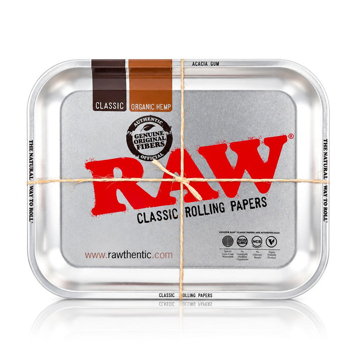 RAW Metallic large metal rolling tray in brushed silver, front view | Bong Warehouse