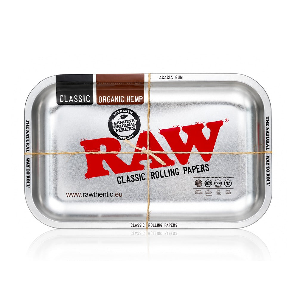 RAW Metallic Silver Metal Rolling Tray Front View