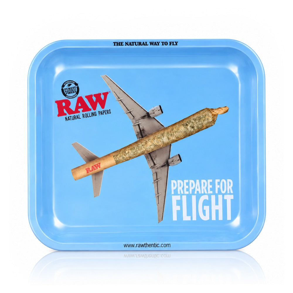 RAW Prepare For Flight large metal rolling tray with blue aeroplane design, front view | Bong Warehouse