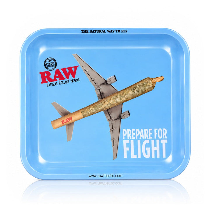 RAW Prepare For Flight large metal rolling tray with blue aeroplane design, front view | Bong Warehouse