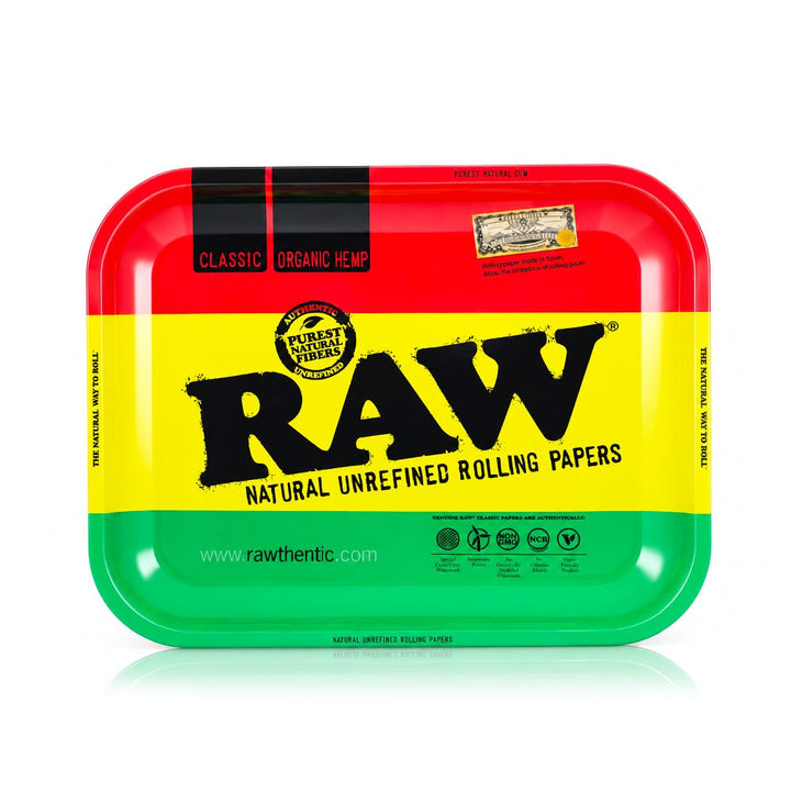 RAW Rasta large metal rolling tray, front view of the red, yellow and green design | Bong Warehouse
