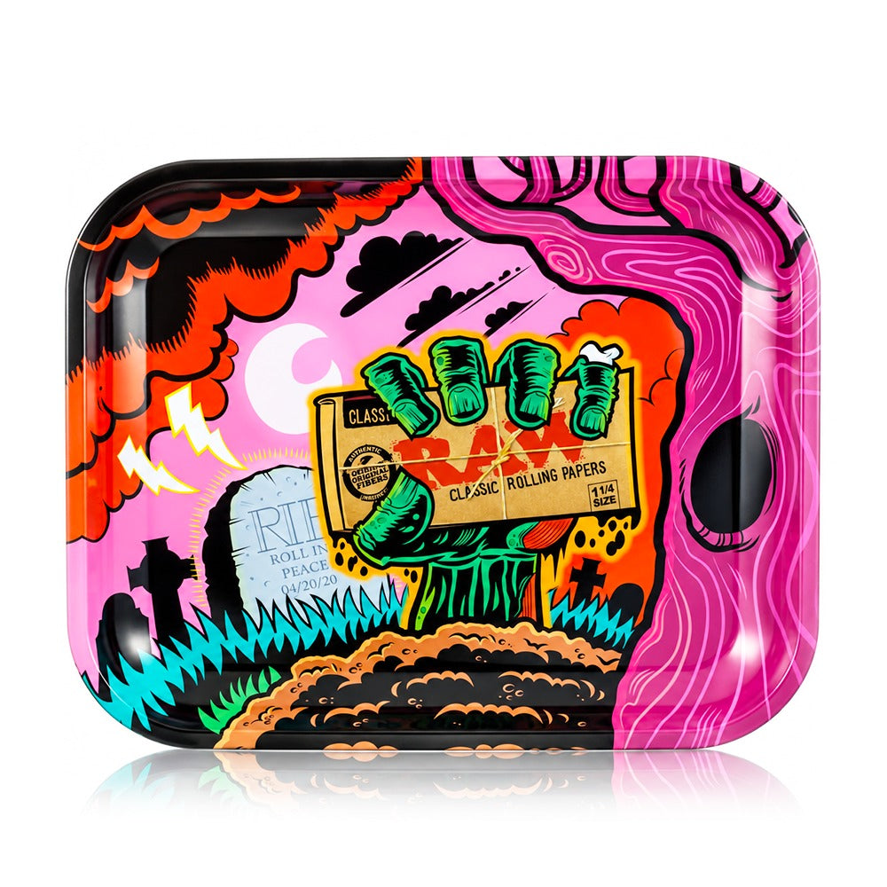 RAW ZOM artist series large metal rolling tray with zombie graveyard artwork, angled view | Bong Warehouse