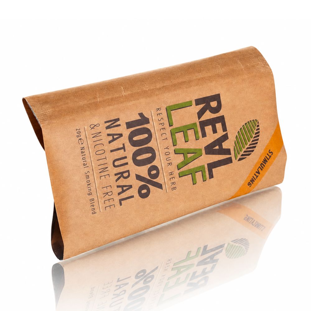 Bong Warehouse 20gm Real Leaf 100% Natural Smoking Blend - Stimulating herbal front angled package view