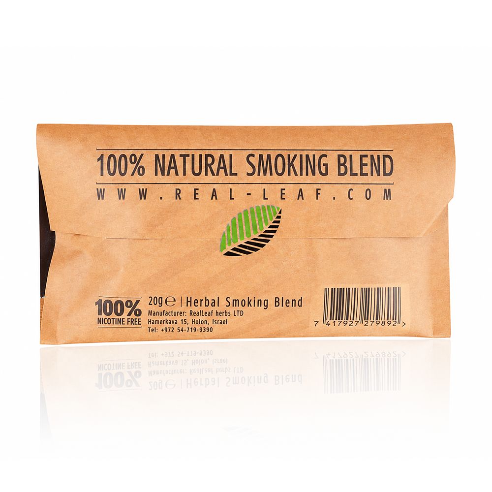 Bong Warehouse 20gm Real Leaf 100% Natural Smoking Blend - Stimulating herbal with barcode back package view