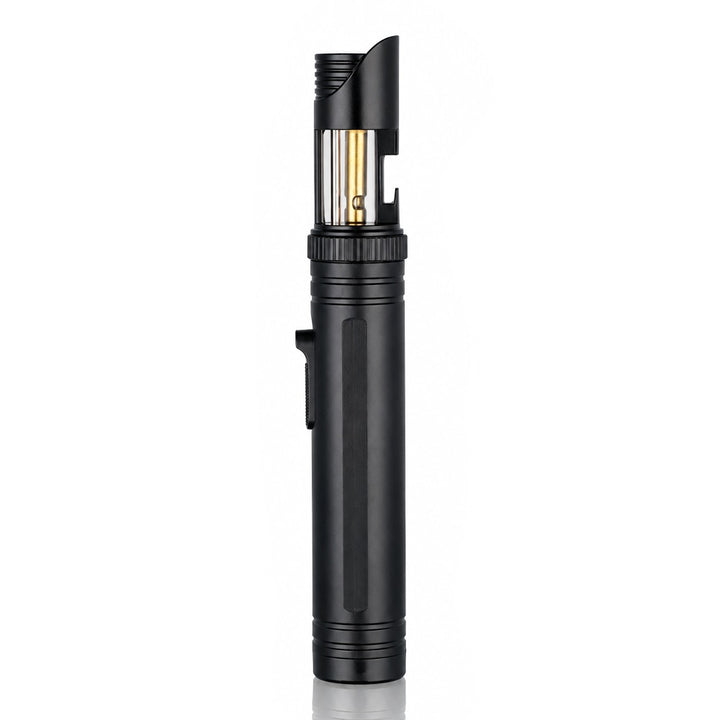 Black sabre extending jet torch lighter with pocket clip, front view | Bong Warehouse