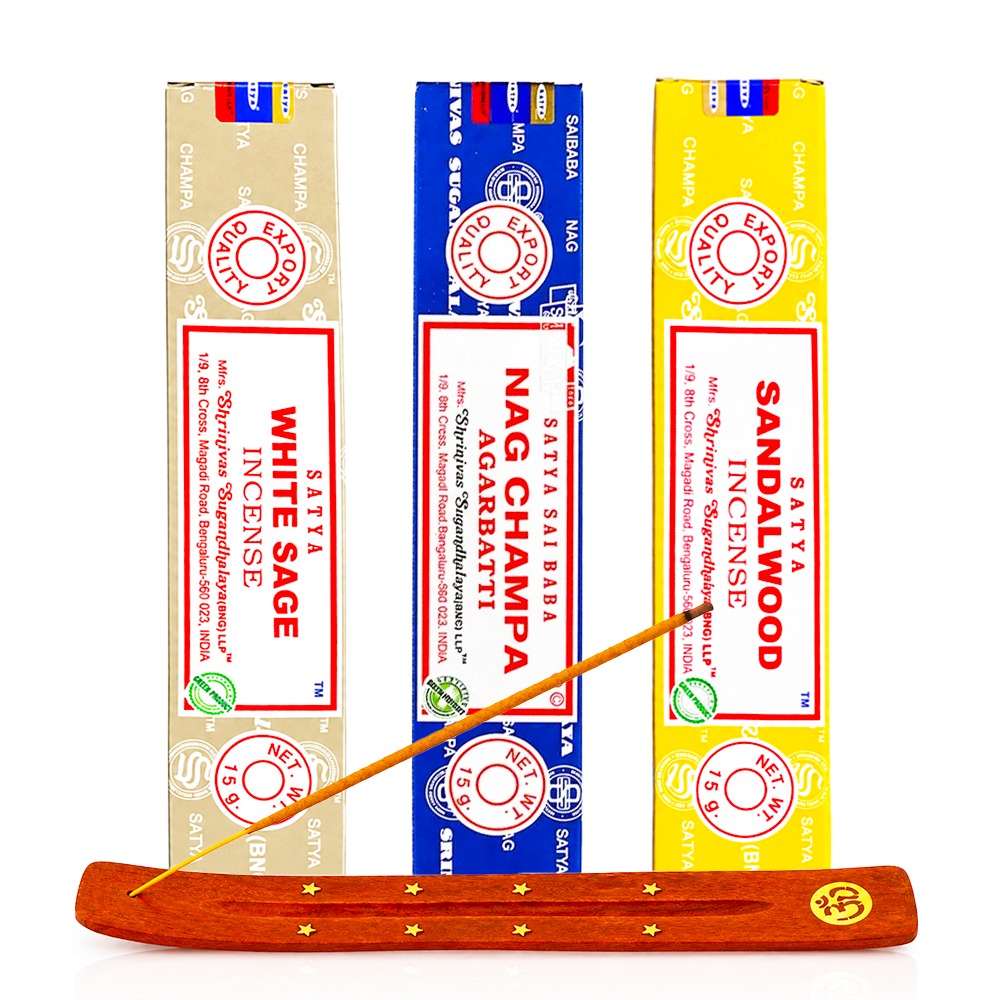 Satya incense gift pack Cleanse and Reset with White Sage, Sandalwood and Nag Champa 15g boxes and a brass inlaid wooden holder, front view | Bong Warehouse