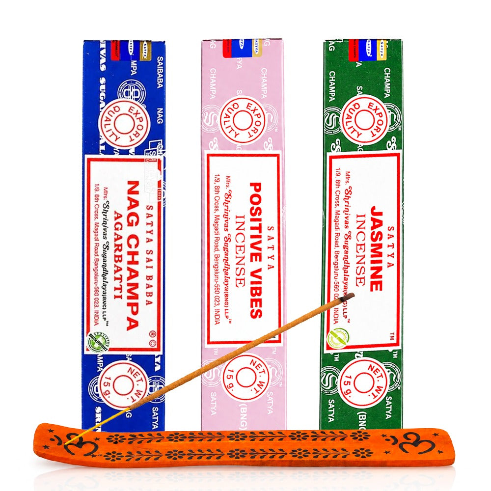 Satya incense gift pack Good Vibes with Positive Vibes, Jasmine and Nag Champa 15g boxes and an Orange Om wooden holder, front view | Bong Warehouse