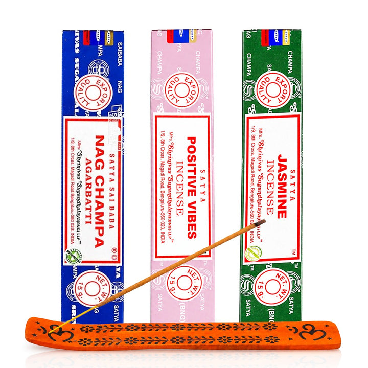 Satya incense gift pack Good Vibes with Positive Vibes, Jasmine and Nag Champa 15g boxes and an Orange Om wooden holder, front view | Bong Warehouse