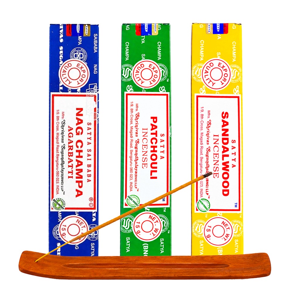 Satya incense gift pack The Classics with Nag Champa, Sandalwood and Patchouli 15g boxes and a dark wood holder, front view | Bong Warehouse