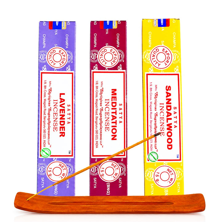 Satya incense gift pack Wind Down with Lavender, Meditation and Sandalwood 15g boxes and a light wood holder, front view | Bong Warehouse