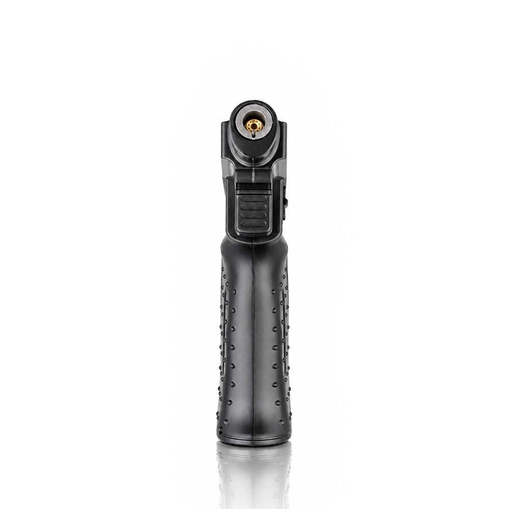 Head-on view of the jet burner and dimpled grip on a black torch lighter | Bong Warehouse