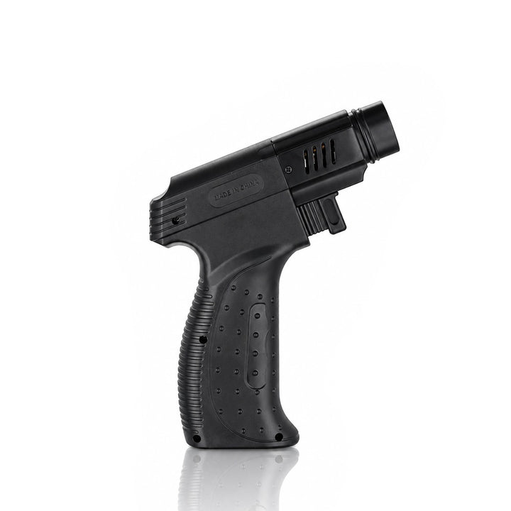 Black single jet pistol grip torch lighter with dimpled rubber grip, side view | Bong Warehouse