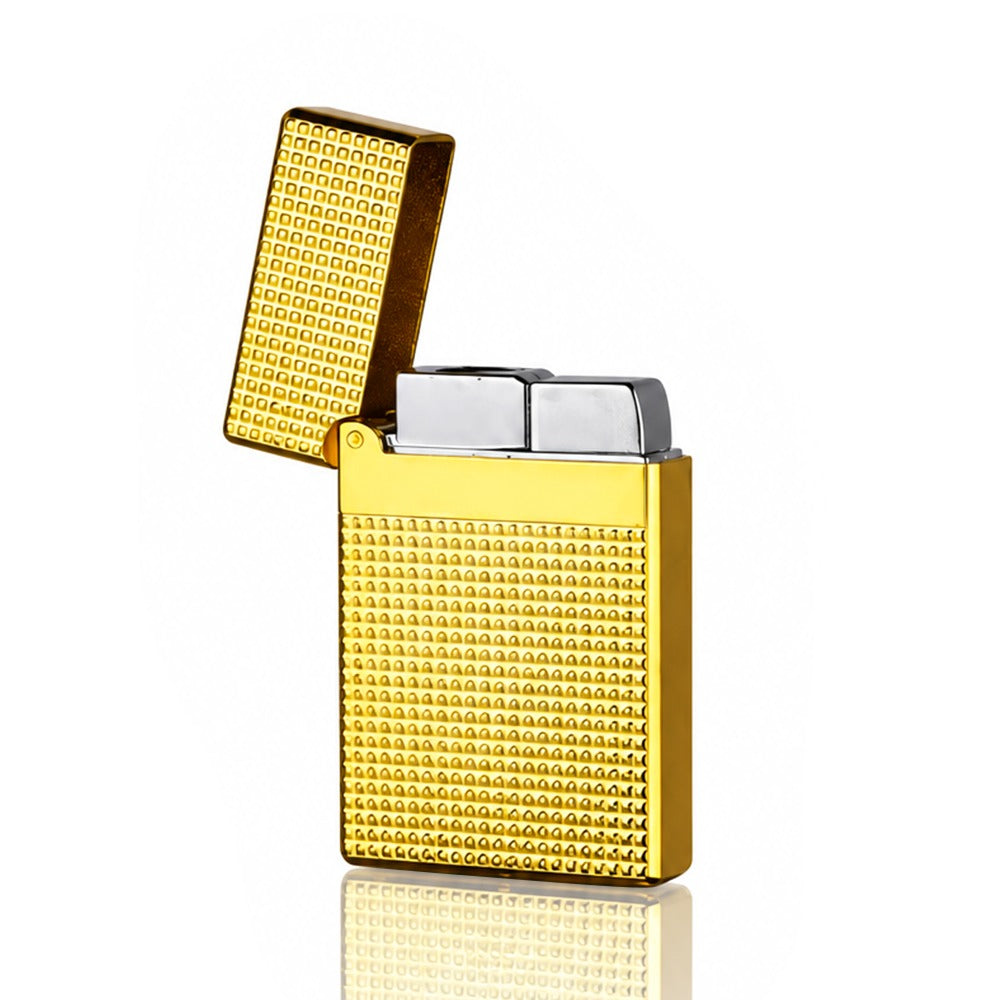 Gold textured metal flip-top cigarette lighter, lid open angled view | Bong Warehouse