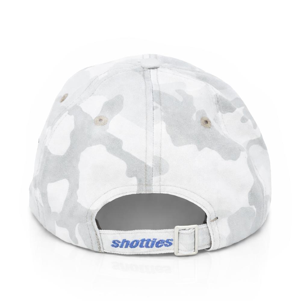 BW - Camo Shotties Hat White in full back view with 'shotties' logo on a white background