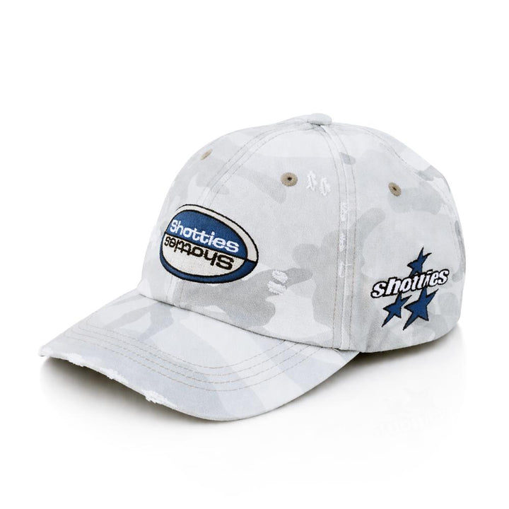 BW - Camo Shotties Hat White featuring Shotties Logo on a white studio background