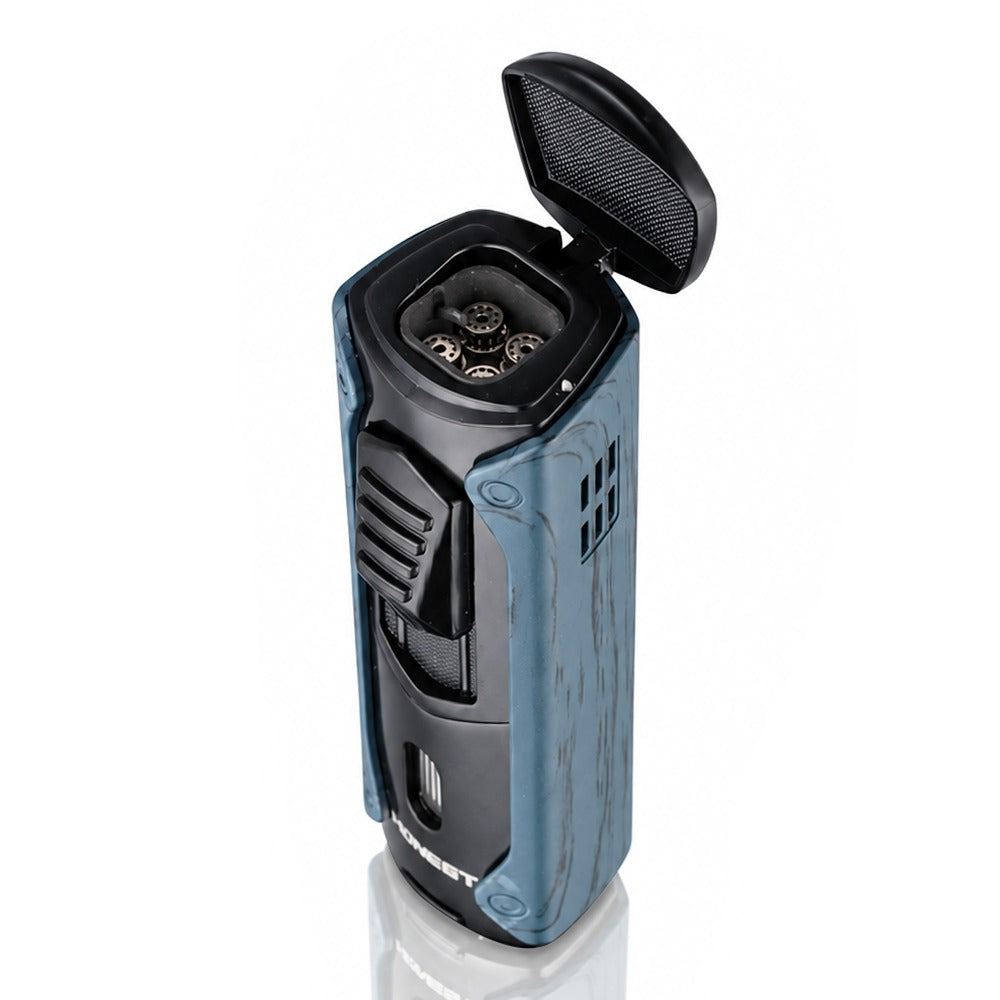 Blue wood-grain quad jet torch lighter with the lid flipped open, angled view | Bong Warehouse