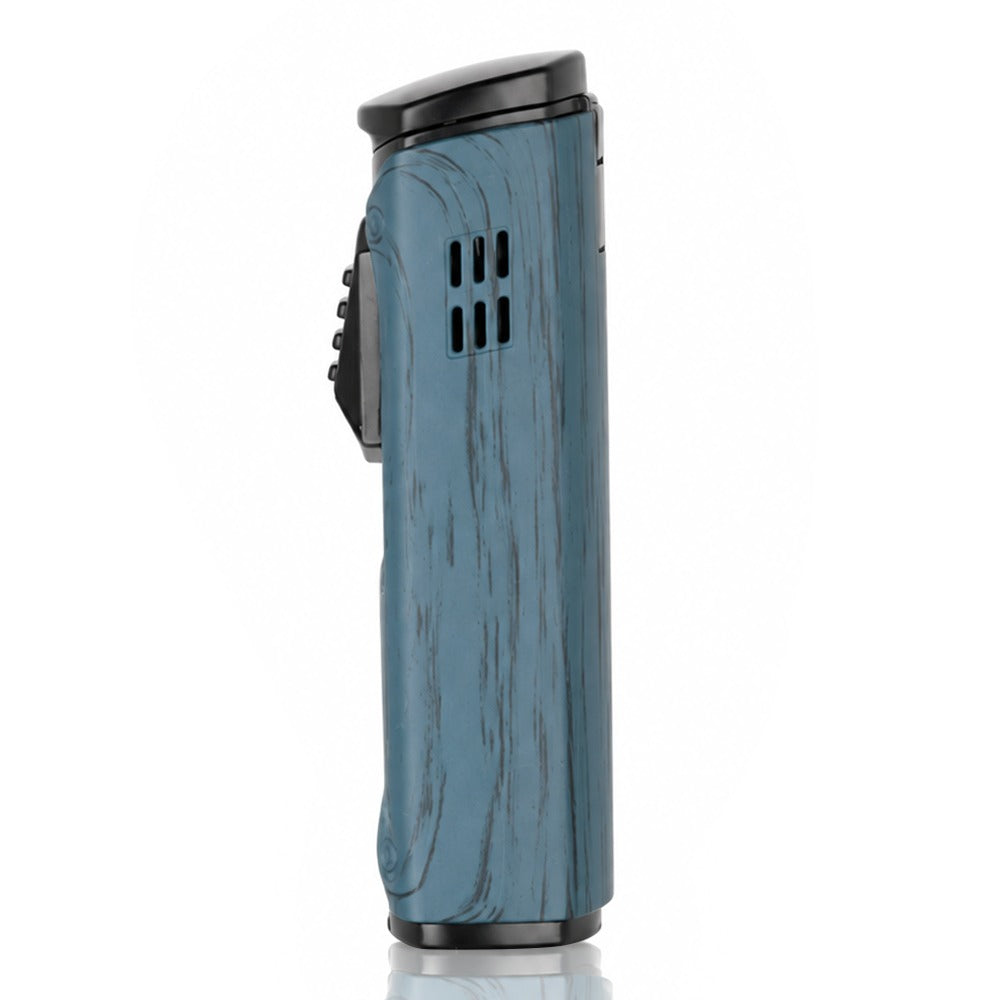 Blue wood-grain quad jet windproof torch lighter, side view | Bong Warehouse