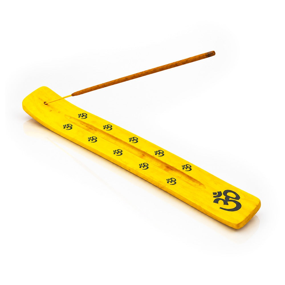 Yellow Om wooden incense stick holder 10 inch, angled view with a burning incense stick | Bong Warehouse