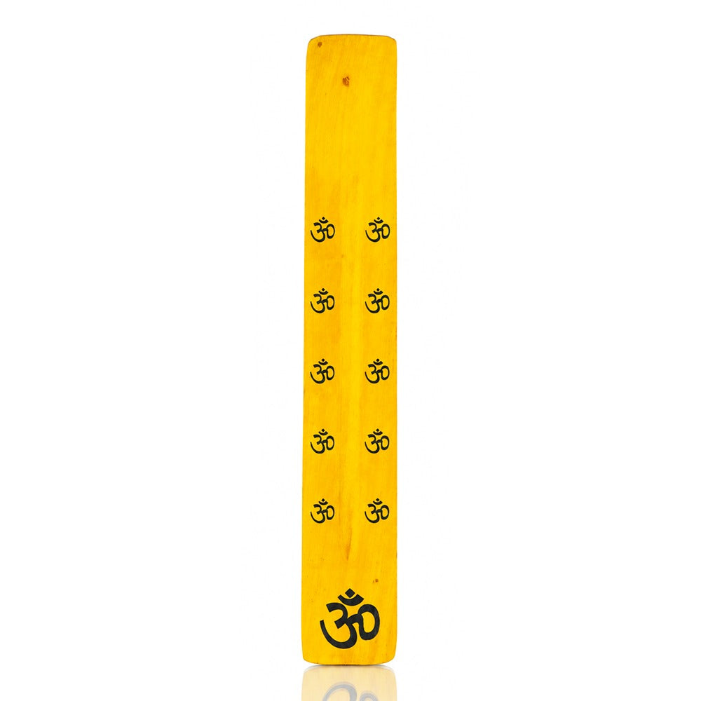 Yellow Om wooden incense stick holder 10 inch, front view of the carved Om and floral design | Bong Warehouse