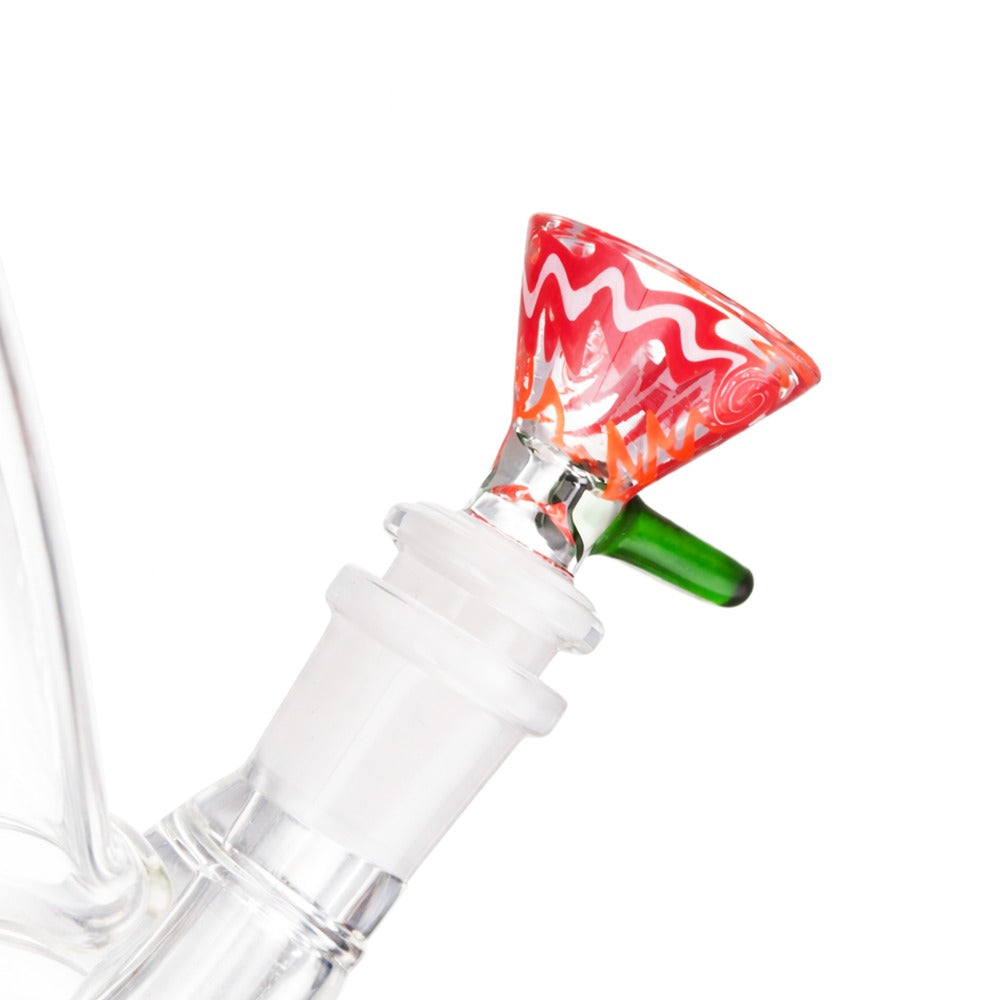 Side view of BW Aurora Spin Glass Cone Piece 14mm Male Bowl in Red on white background, showcasing elegant spiral glass form