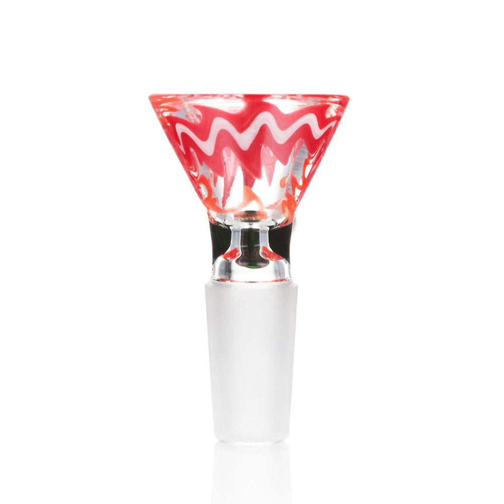 Back view of BW Aurora Spin Glass Cone Piece 14mm Male Bowl in Red on white background, clean studio product shot