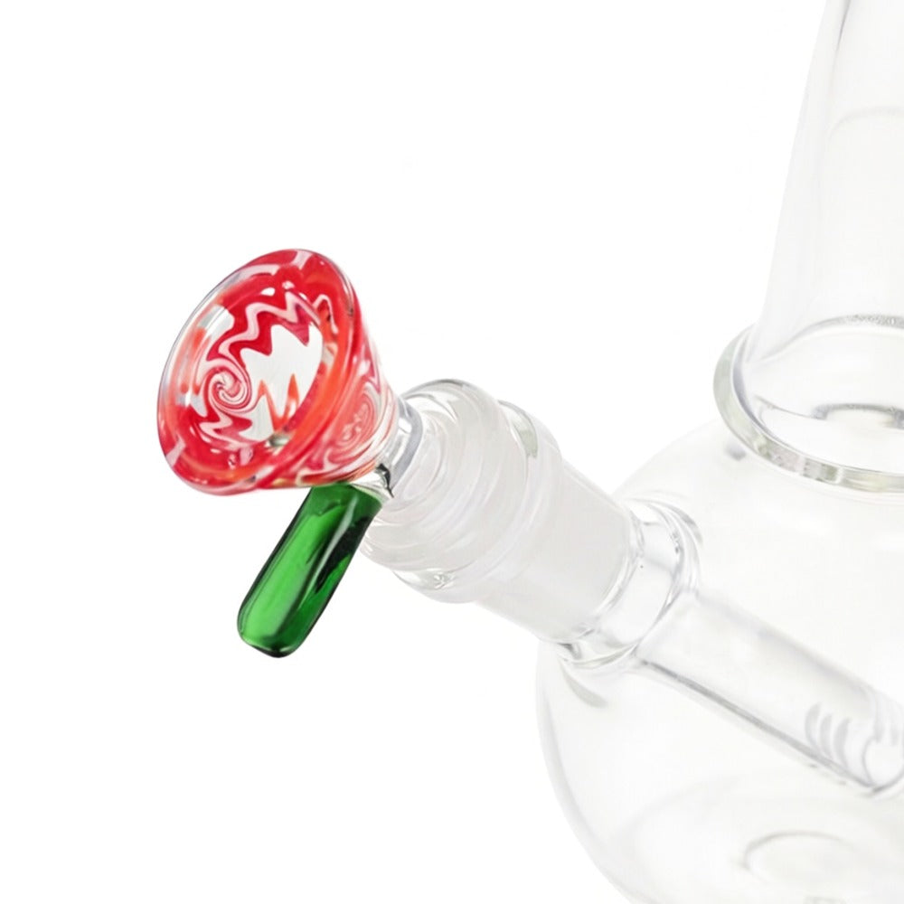 Angled view of BW Aurora Spin Glass Cone Piece 14mm Male Bowl in Red on white background, displaying vibrant red glass finish