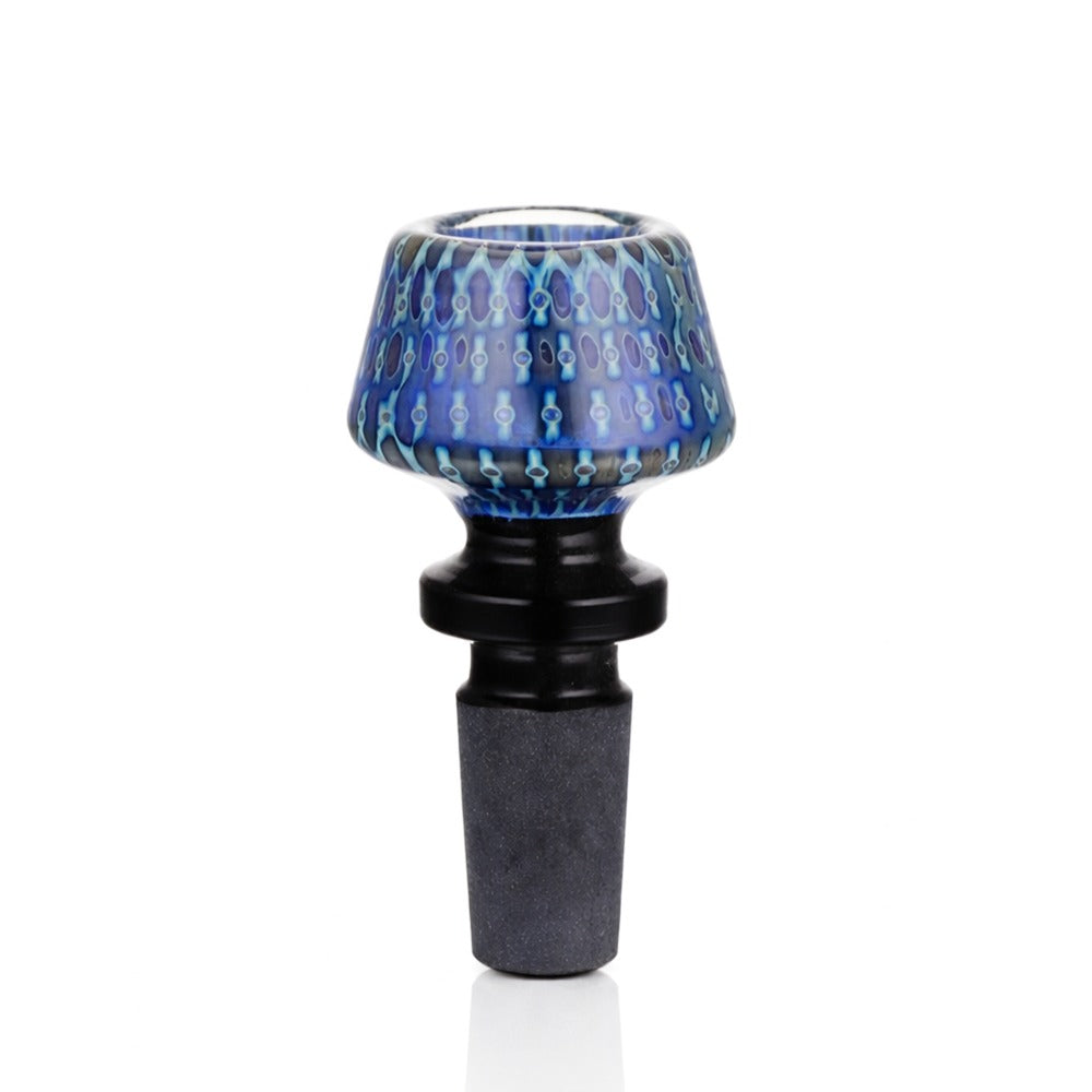 Front view of BW Azure Glass Cone Piece 14mm Male Bowl in Blue and Black on white background, smooth durable glass design