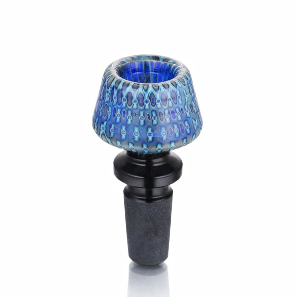 Close-up view of BW Azure Glass Cone Piece 14mm Male Bowl in Blue and Black on white background, emphasizing fine craftsmanship