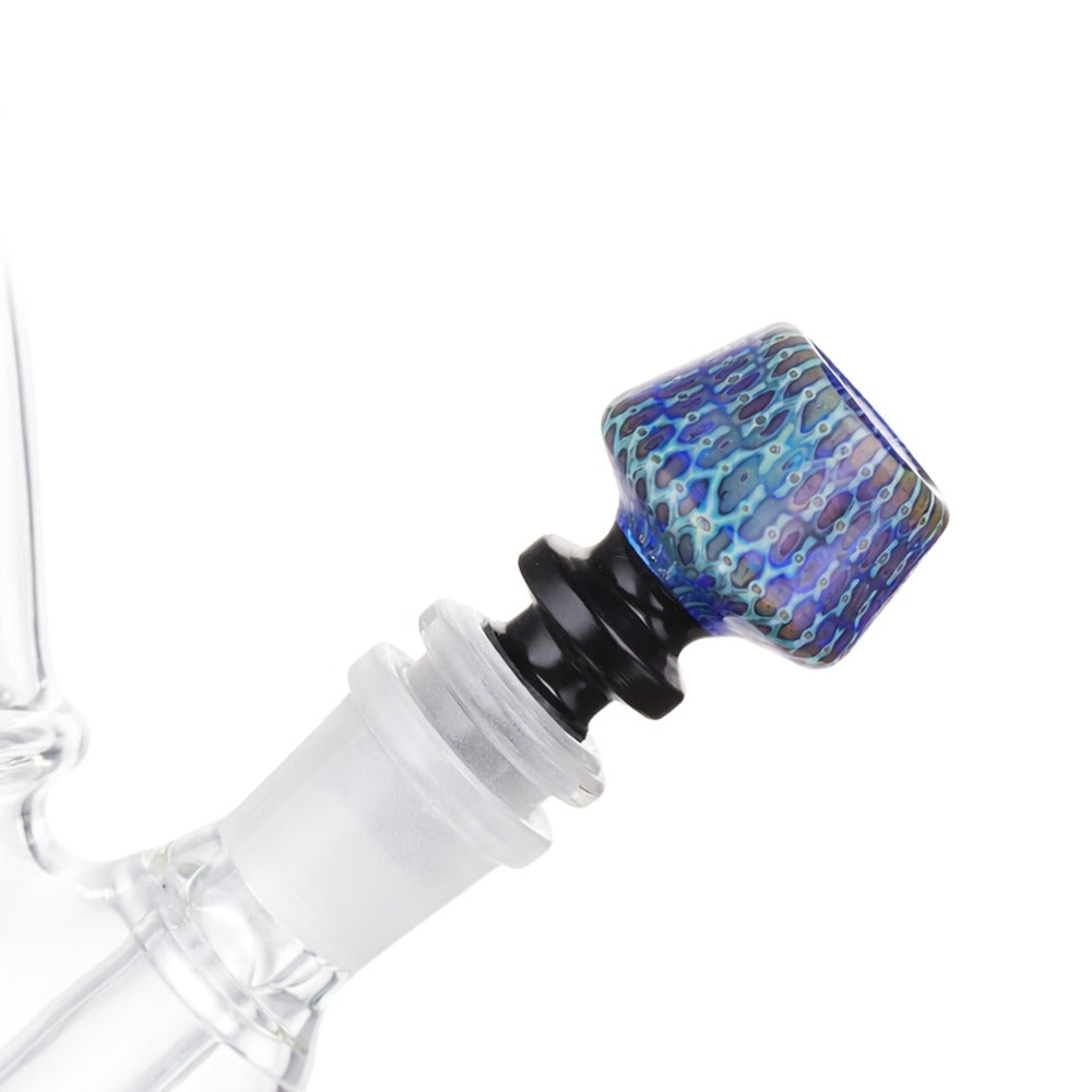 Glass Cone Piece YX-AS26 Blue and Angled view of BW Azure Glass Cone Piece 14mm Male Bowl in Blue and Black on white background, clean studio product shot