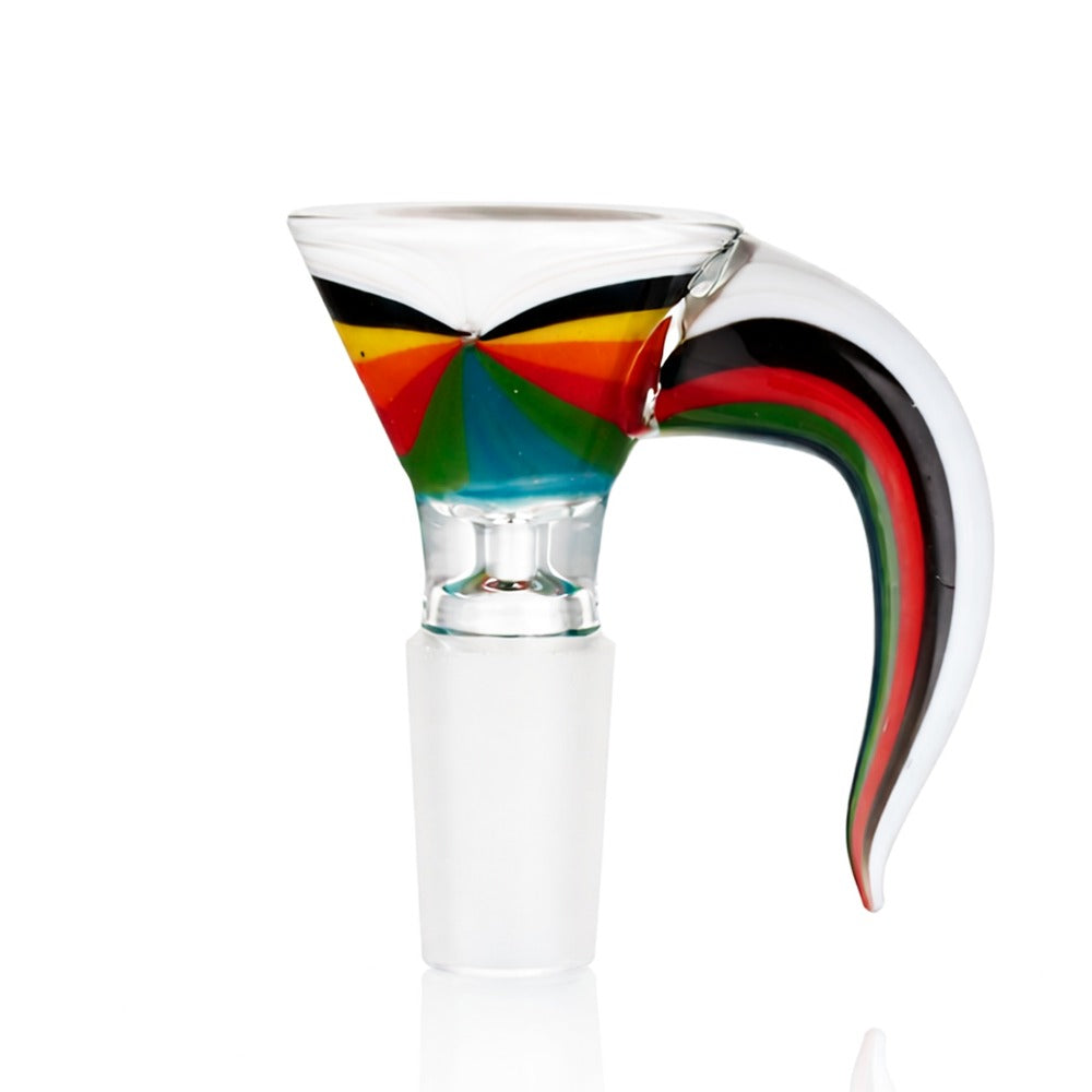 Side view of BW Barb Glass Cone Piece 14mm Male Bowl on white background, showing sleek sculpted barb-inspired shape