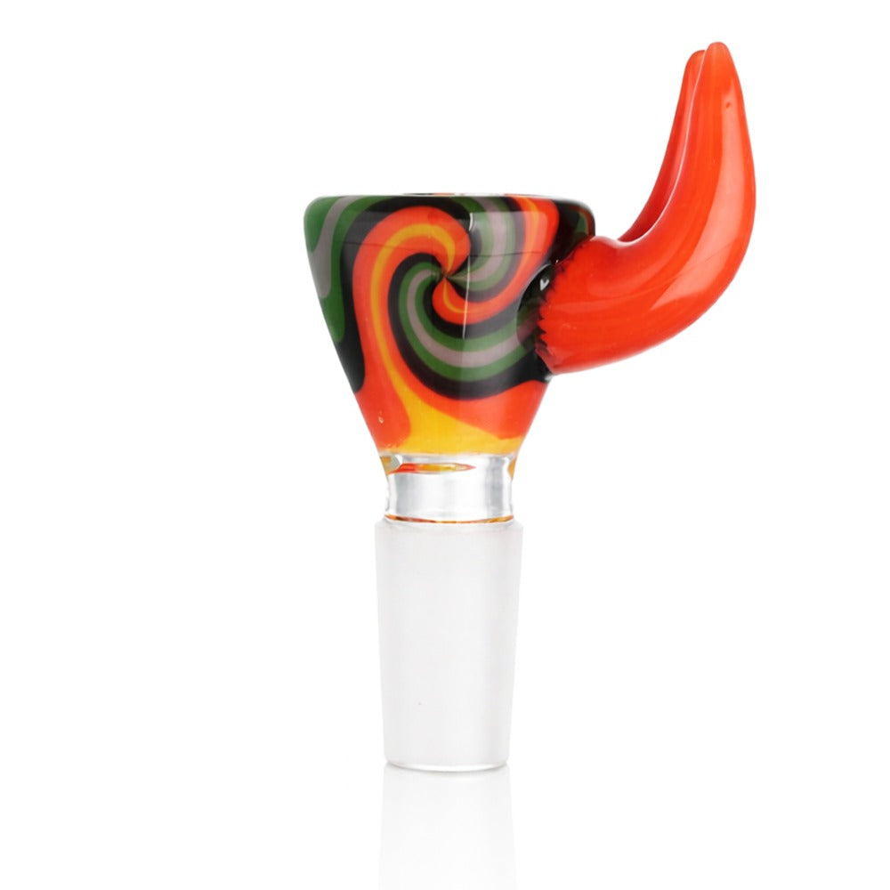 Close-up view of BW Crimson Horn Glass Cone Piece 14mm Male Bowl in Orange on white background, detailed craftsmanship focus