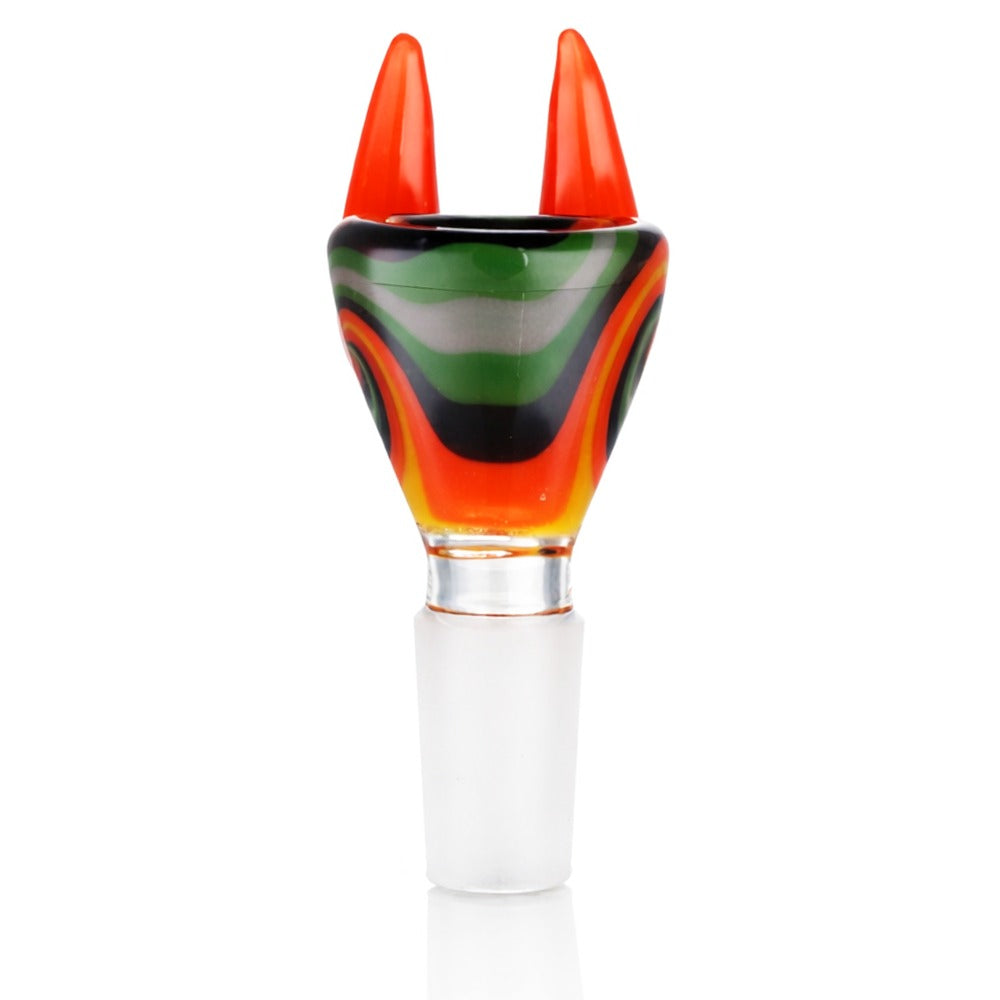 Front view of BW Crimson Horn Glass Cone Piece 14mm Male Bowl in Orange on white background, durable and smooth glass design