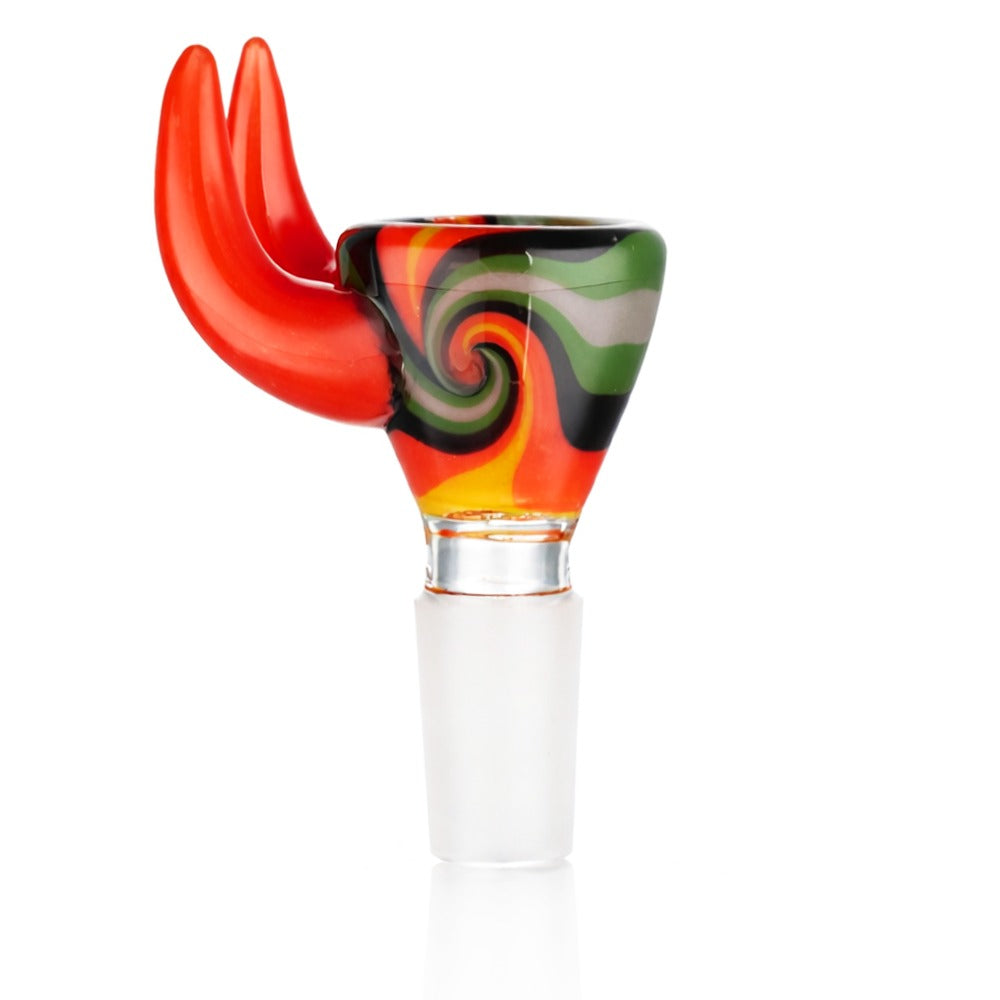 Angled view of BW Crimson Horn Glass Cone Piece 14mm Male Bowl in Orange on white background, showcasing vibrant orange glass