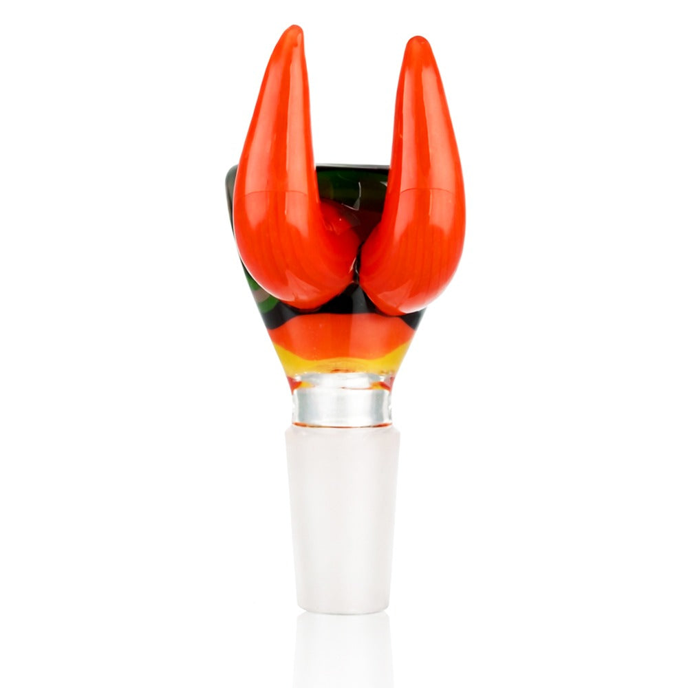 Back view of BW Crimson Horn Glass Cone Piece 14mm Male Bowl in Orange on white background, clean studio product shot