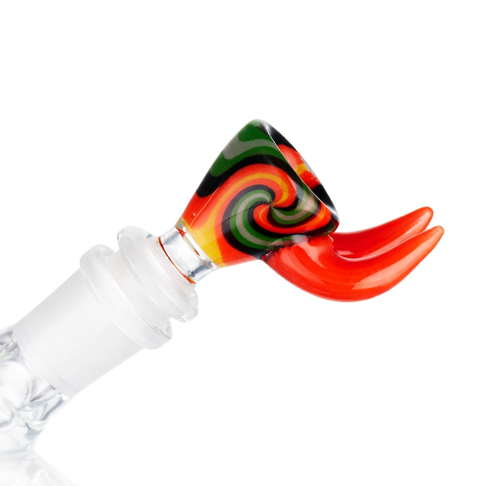 Side view of BW Crimson Horn Glass Cone Piece 14mm Male Bowl in Orange on white background, showing sleek glass finish