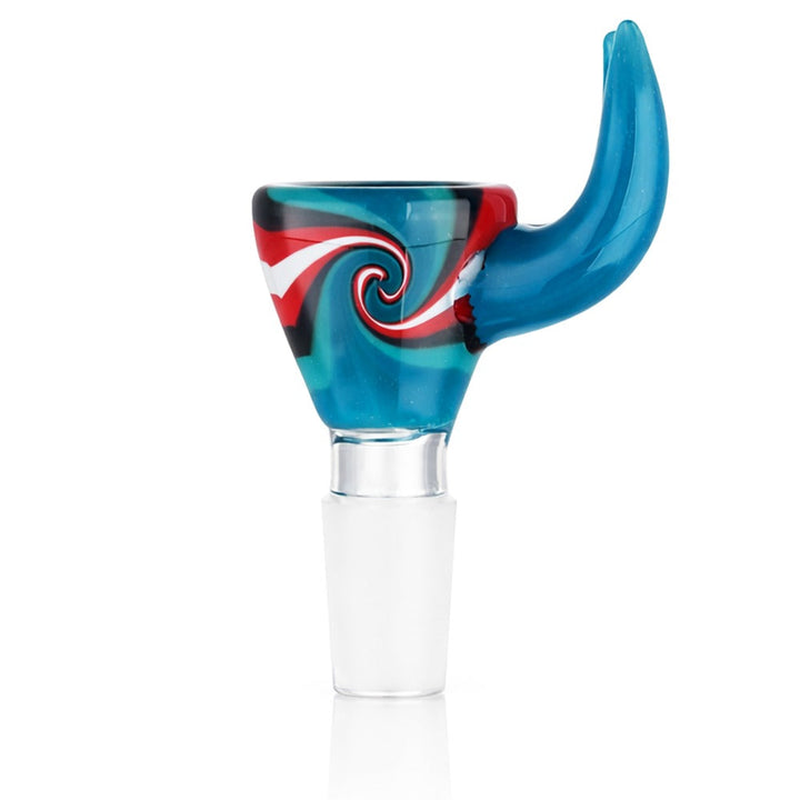 Side view of BW Crimson Horn Glass Cone Piece 14mm Male Bowl in Blue on white background, showcasing horn-inspired glass shape
