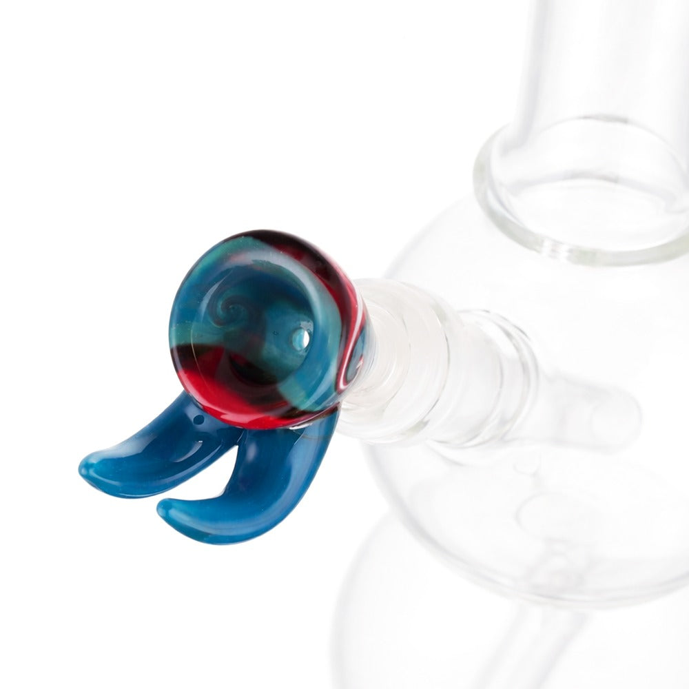 Close-up view of BW Crimson Horn Glass Cone Piece 14mm Male Bowl in Blue on white background, emphasizing fine craftsmanship