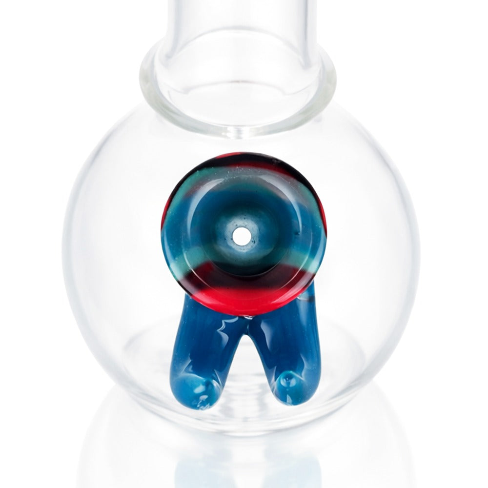 Top view of BW Crimson Horn Glass Cone Piece 14mm Male Bowl in Blue on white background, highlighting bowl opening detail