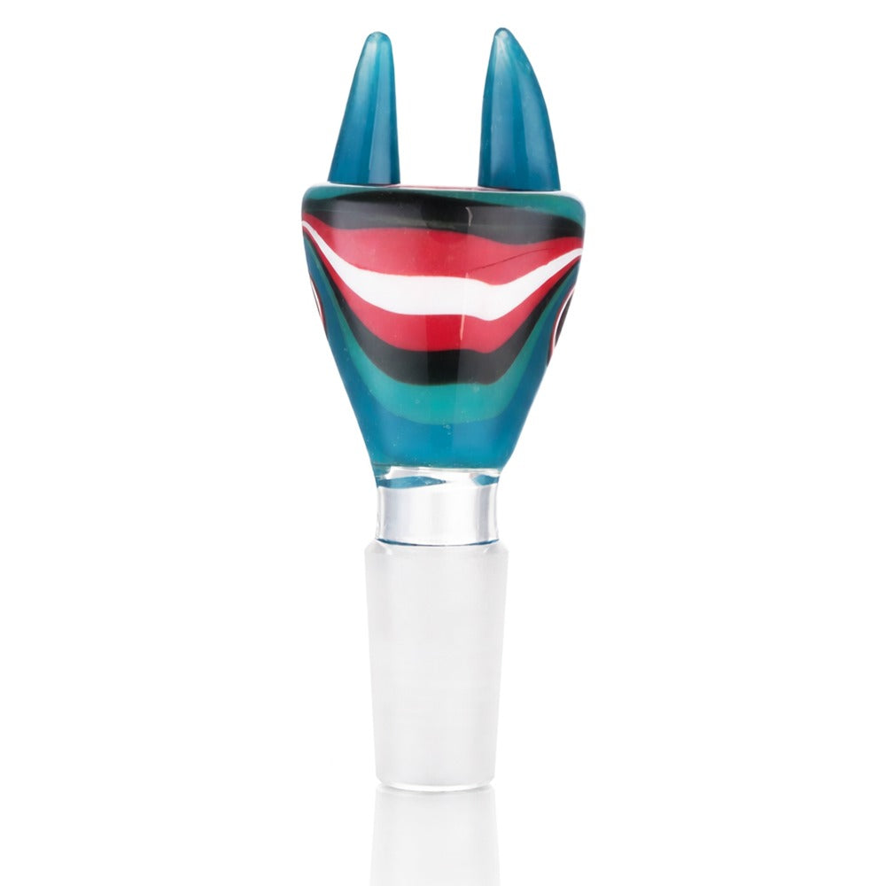 Front view of BW Crimson Horn Glass Cone Piece 14mm Male Bowl in Blue on white background, smooth durable glass design