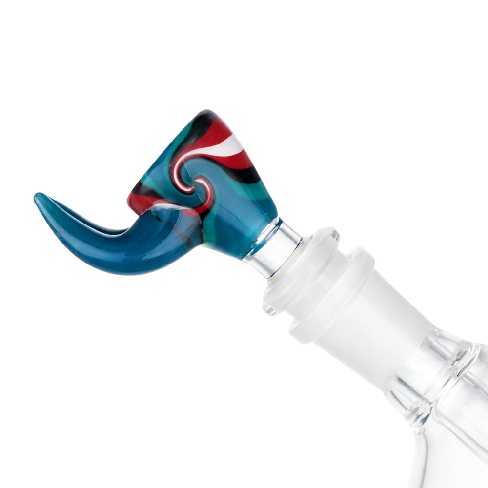 Angled view of BW Crimson Horn Glass Cone Piece 14mm Male Bowl in Blue on white background, displaying vibrant blue glass finish