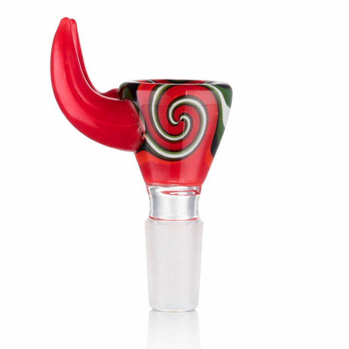 Close-up view of BW Crimson Horn Glass Cone Piece 14mm Male Bowl in Red on white background, emphasizing fine craftsmanship
