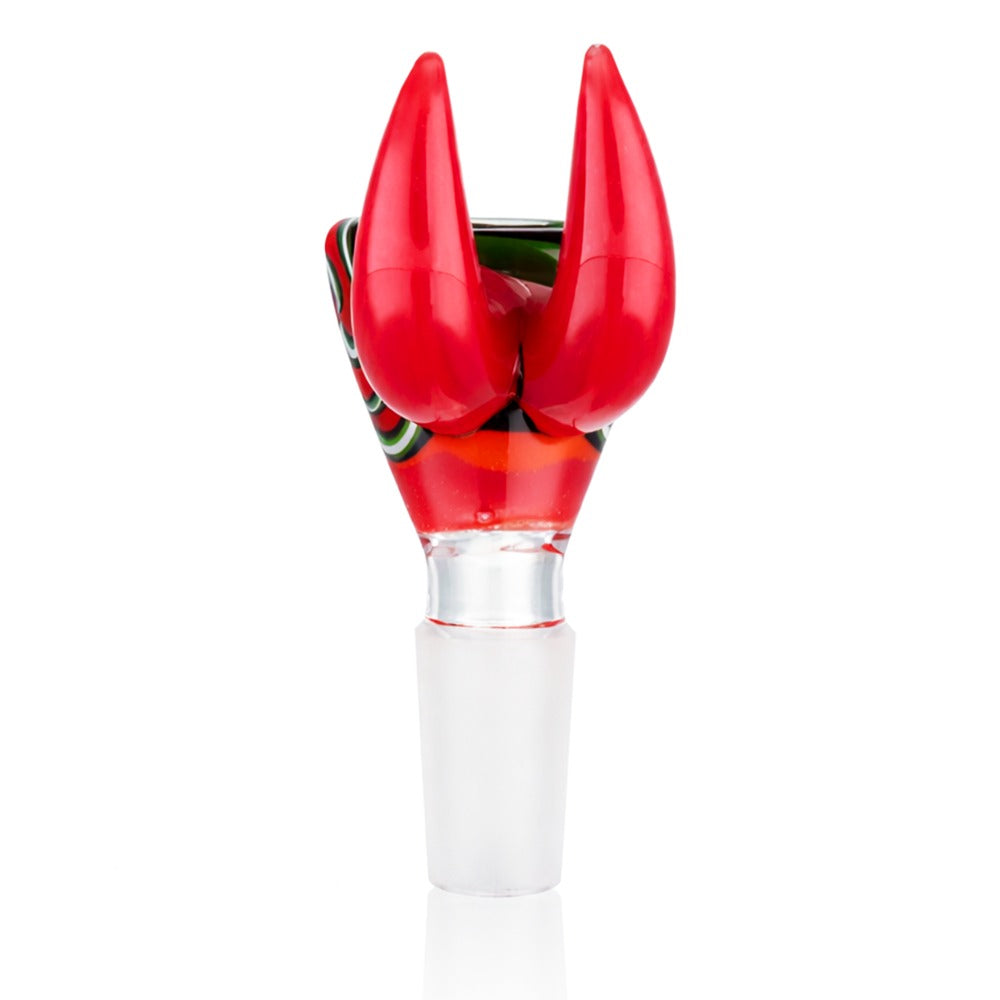 Back view of BW Crimson Horn Glass Cone Piece 14mm Male Bowl in Red on white background, clean studio product shot