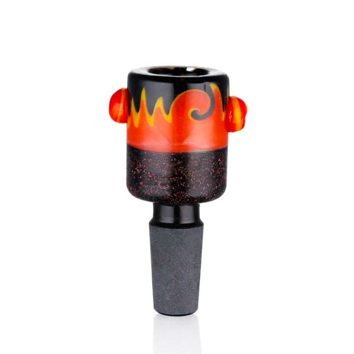 Front view of BW Galaxy Vortex Glass Cone Piece 14mm Male Bowl in Orange and Black on white background, smooth durable dual-color glass design
