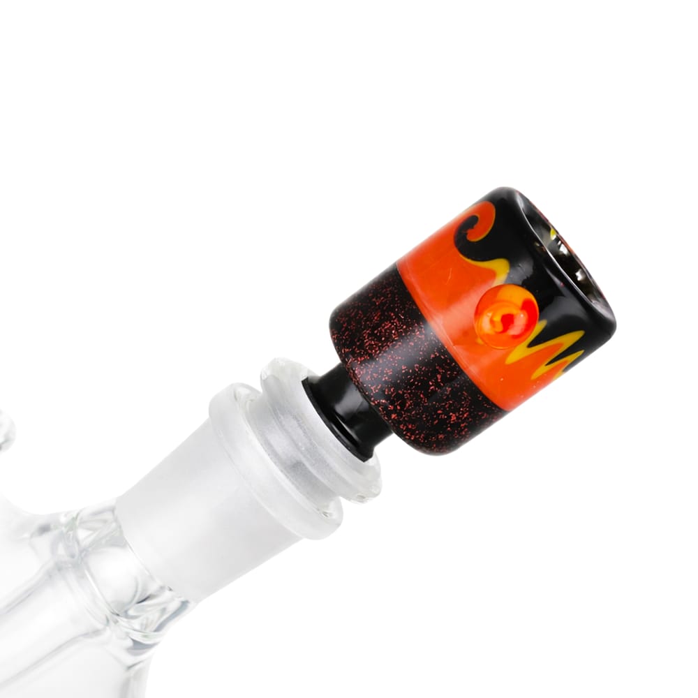 Side view of BW Galaxy Vortex Glass Cone Piece 14mm Male Bowl in Orange and Black on white background, showcasing sleek vortex-inspired glass shape