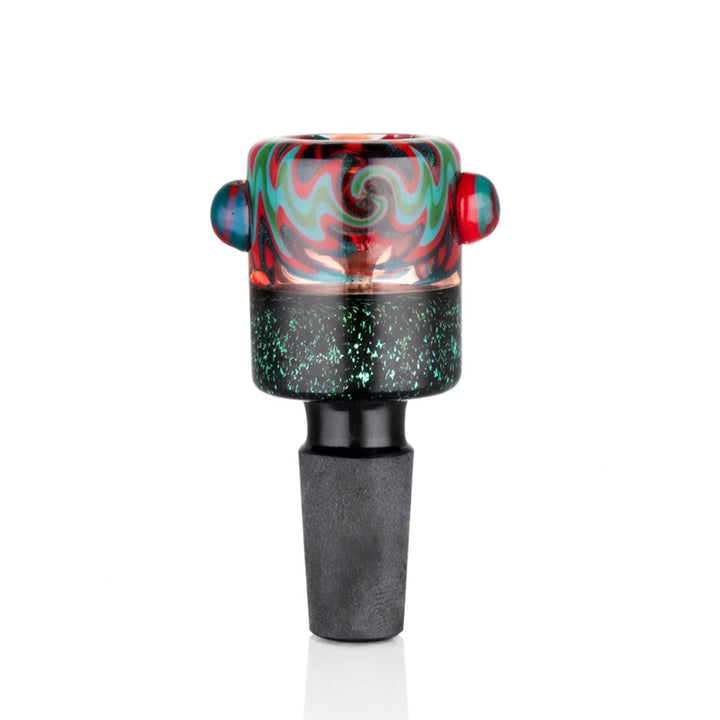 Front view of BW Galaxy Vortex Glass Cone Piece 14mm Male Bowl in Red and Teal on white background, vibrant dual-color glass design
