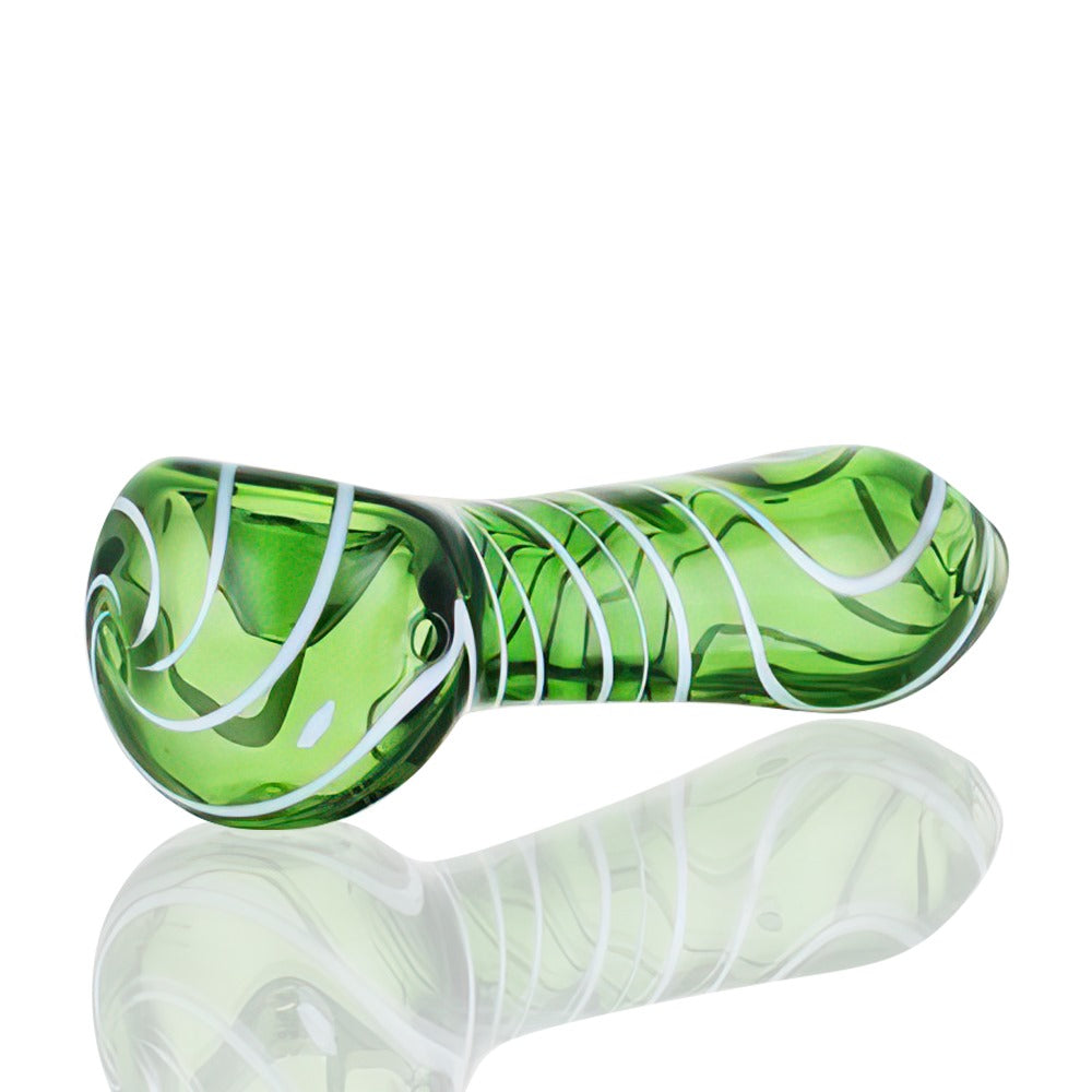 Bong Warehouse Green glass pipe with white swirl patterns on a white background