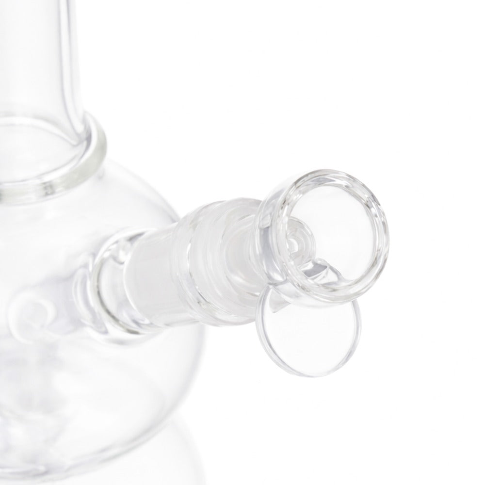 Side view of BW Glazier Glass Cone Piece 14mm Male Bowl on white background, showcasing sleek polished glass shape