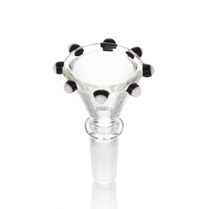 Front view of BW Gypsy Pearl Glass Cone Piece 14mm Male Bowl in Black and White on white background, smooth durable glass design with pearl detail