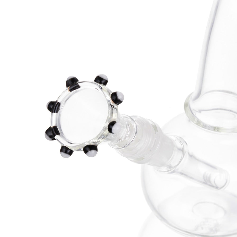 Angled view of BW Gypsy Pearl Glass Cone Piece 14mm Male Bowl in Black and White on white background, displaying premium dual-tone glass craftsmanship